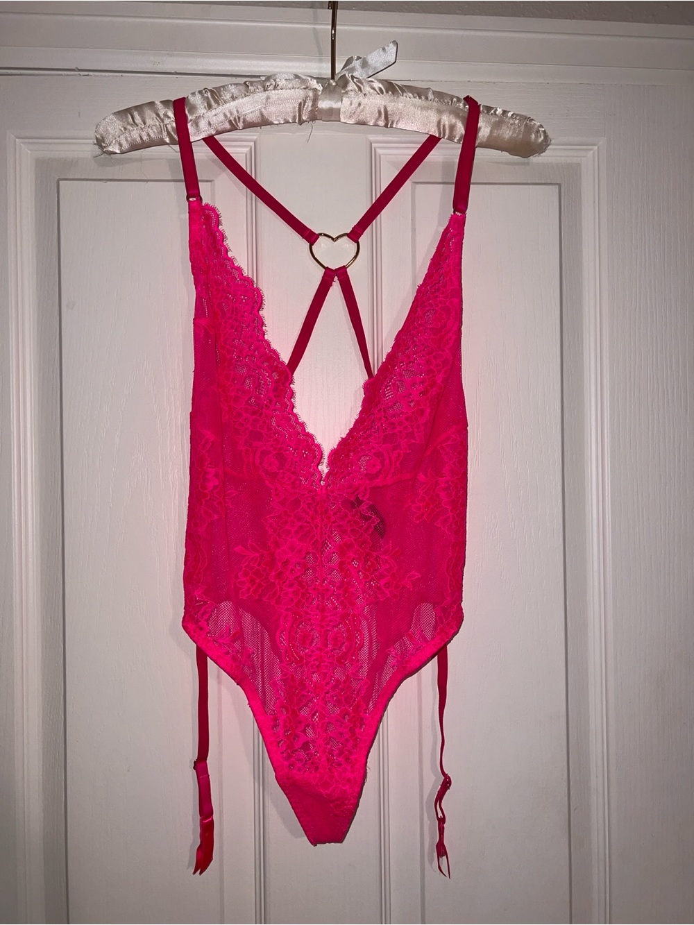Adore Me Hot Pink Lace Strappy Bodysuit with Heart Ring Detail NWT